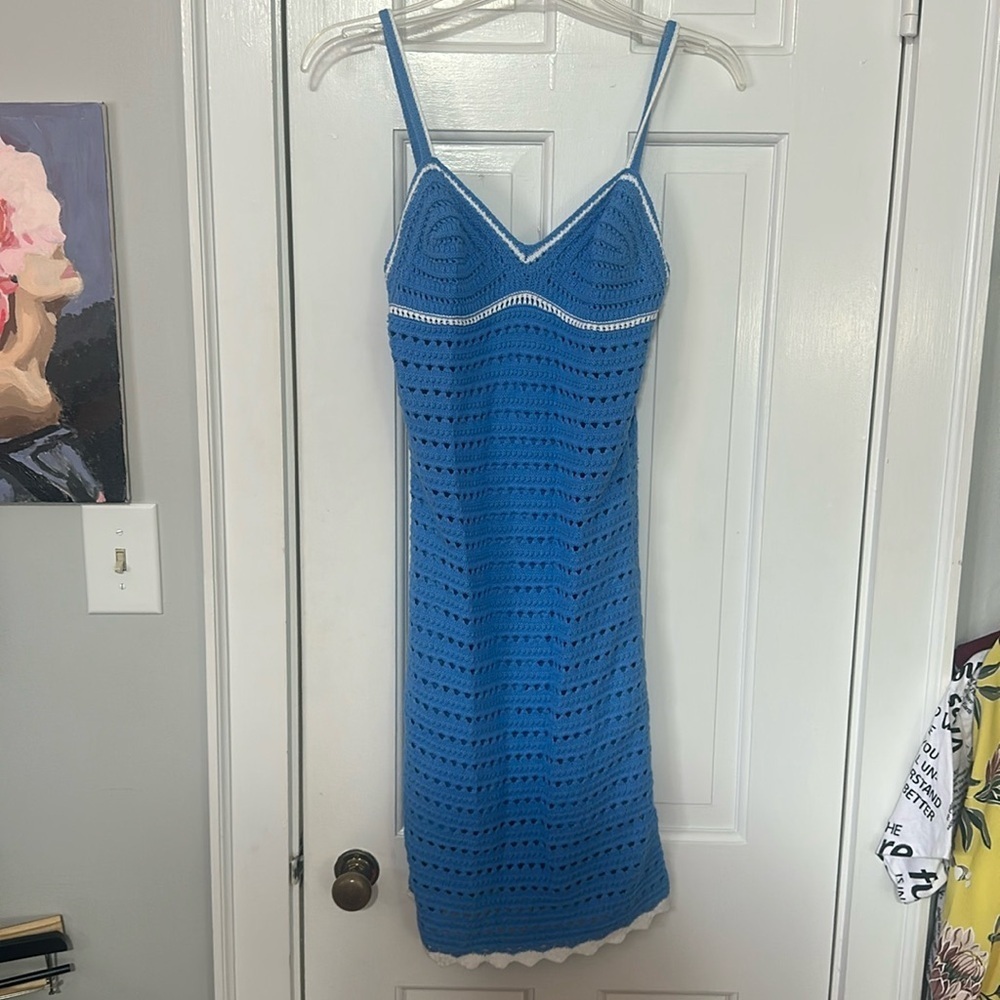 Willow & Wind blue crochet knit white Gogo mini dress size XS